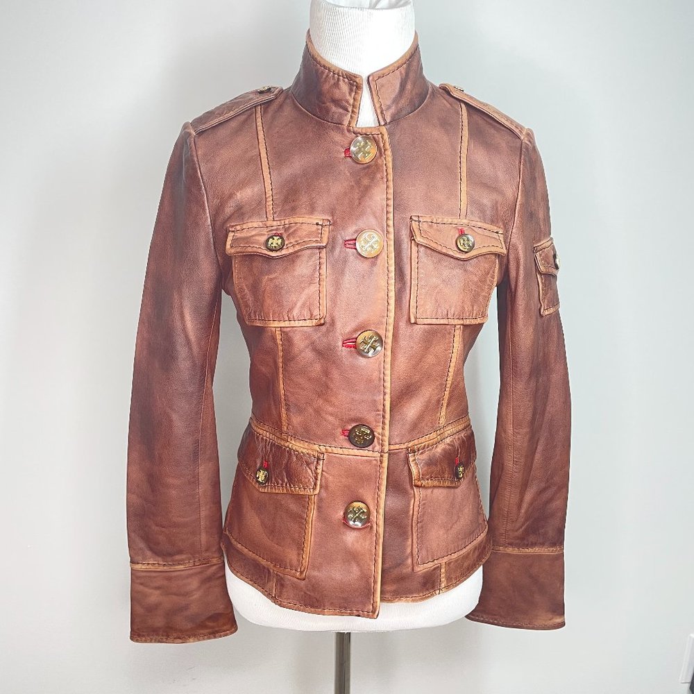 Tory Burch Sgt. Pepper Distressed Brown Leather Jacket Size 2 RARE